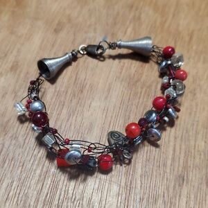 Woven Wire & Bead Bracelet In Red, Silver, & Black.  925 Clasp BD